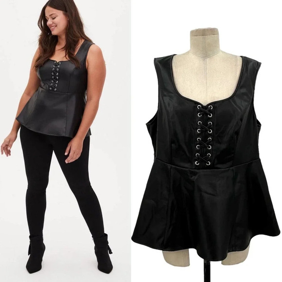 Torrid Black Faux‎ Leather Lace-Up Peplum Top Plus Size 1X - Picture 1 of 9